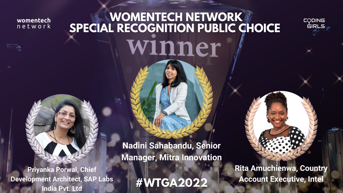 Special Recognition: Women in ICT Award (Public choice) #wtga2022

The winners are:
🥇 Nadini Sahabandu, Sr Manager at <a href="/MitraInnovation/">Mitra AI</a> 
🥈 <a href="/PriyankaPorwalP/">Priyanka</a> , Chief Development Architect at SAP Labs India Pvt. Ltd
🥉 Rita Amuchienwa, Country Account Executive at <a href="/intel/">Intel</a> 

⭐️🎊👏