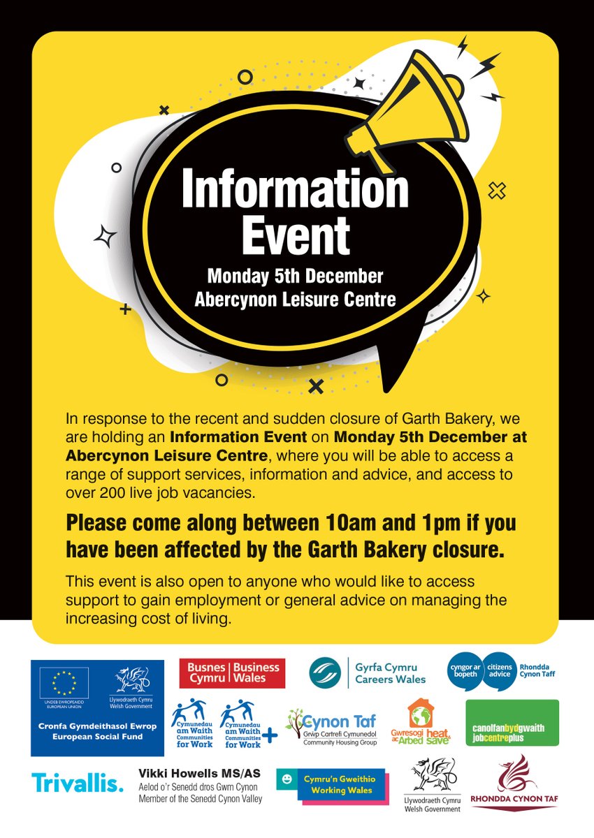 A fantastic multi-agency event is happening Monday 5th December @ Abercynon Leisure Centre.  Come along if you would like advice on employment, the cost of living and more!  Please share this post :-)