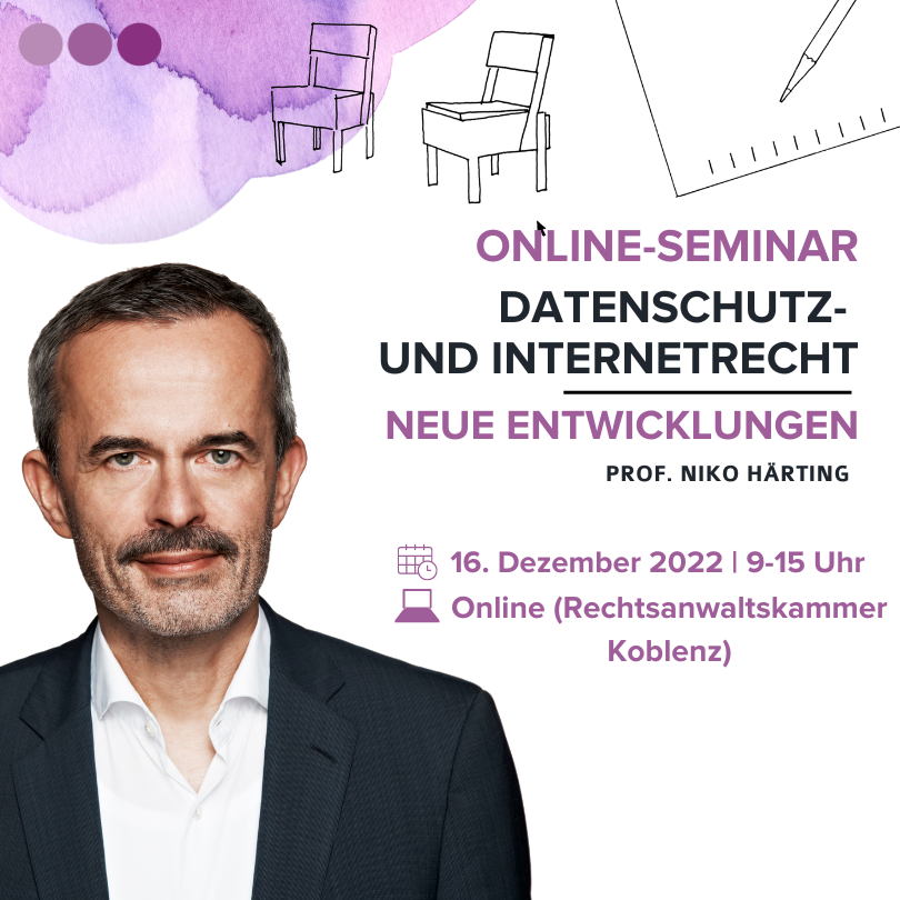 HÄRTING Rechtsanwälte (@haerting) on Twitter photo Es sind noch Plätze frei für das Online-Seminar von <a href="/nhaerting/">Niko Härting</a> am Freitag, den 16.12. Themen wie die neue „Executive Order“ des US-Präsidenten sind auf der Tagesordnung - „Schrems III“?
Mehr Informationen bei der Rechtsanwaltskammer Koblenz unter 👉🏻rakko.de/seminar/?onlin… Es sind noch Plätze frei für das Online-Seminar von <a href="/nhaerting/">Niko Härting</a> am Freitag, den 16.12. Themen wie die neue „Executive Order“ des US-Präsidenten sind auf der Tagesordnung - „Schrems III“?
Mehr Informationen bei der Rechtsanwaltskammer Koblenz unter 👉🏻rakko.de/seminar/?onlin…
