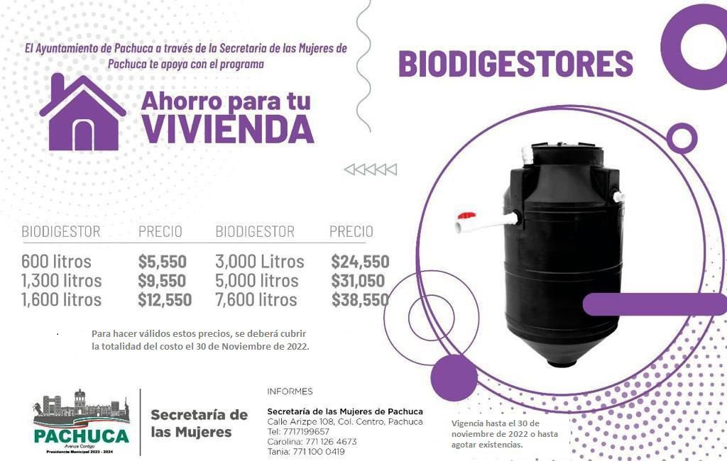PachucaGob's tweet photo. A través del programa #AhorroParaTuVivienda 🏠, te apoyamos a obtener un biodigestor a un precio económico para el tratamiento de aguas residuales y pluviales. 

📌 Para más información comunícate a la Secretaría de las Mujeres de Pachuca: https://t.co/I74wQbQWgW