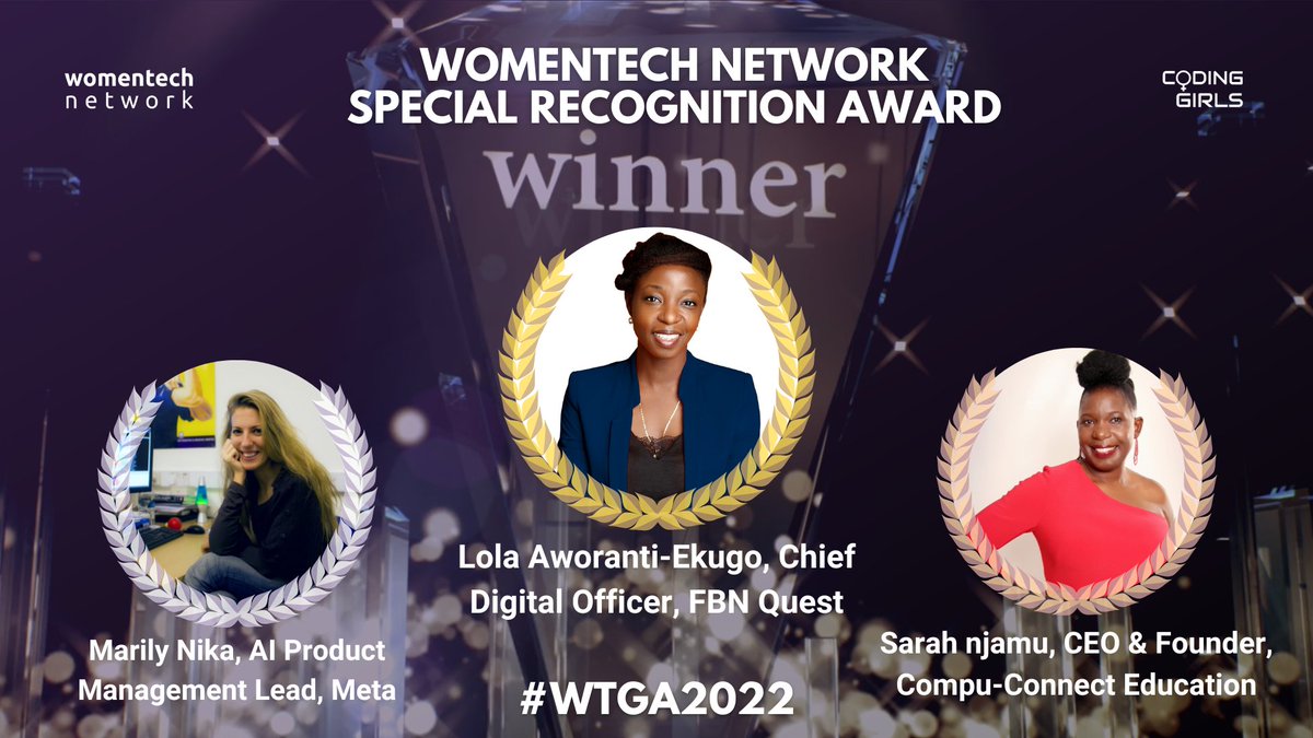 Special Recognition: Women in ICT Award #wtga2022
The winners are:
🥇 Lola Aworanti-Ekugo, Chief Digital Officer at <a href="/FBNQuest/">FBNQuest</a> 
🥈 <a href="/marilynika/">Marily Nika</a>, AI Product Management Lead at Meta
🥉 <a href="/SarahNjamu/">Sarah Luyele Njamu</a>  CEO &amp; Founder at Compu-Connect Education
 
Congratulations, winners! 👏 
#womenintech