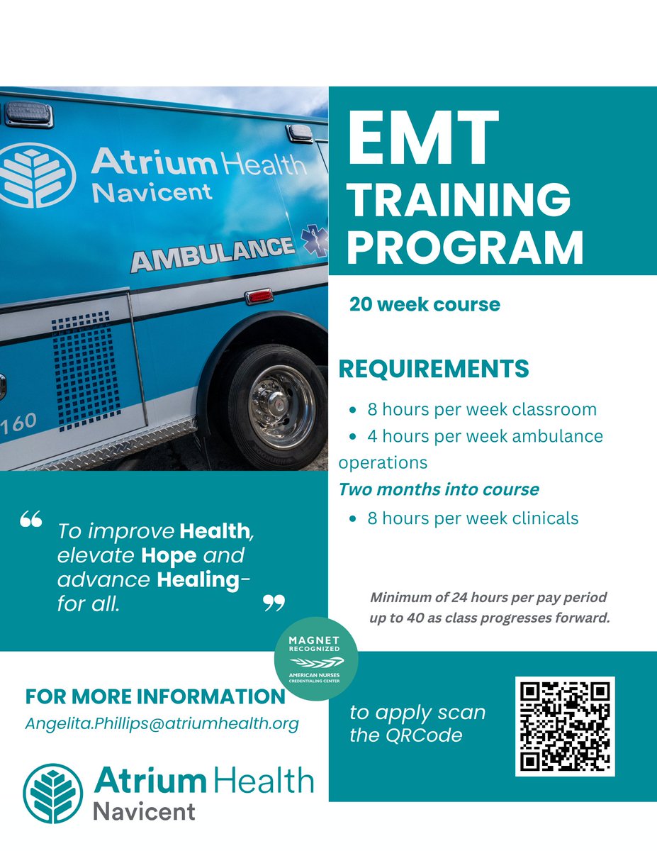 NavicentCareers's tweet photo. Don’t forget! Atrium Health Navicent is starting their EMT Training Program for January! This is a 20 week course that will give you the opportunity to learn from our very own EMTs. To apply, all you need to do is scan the QRCode and or go directly to our career site at https://t.co/fNM7vbbSnW