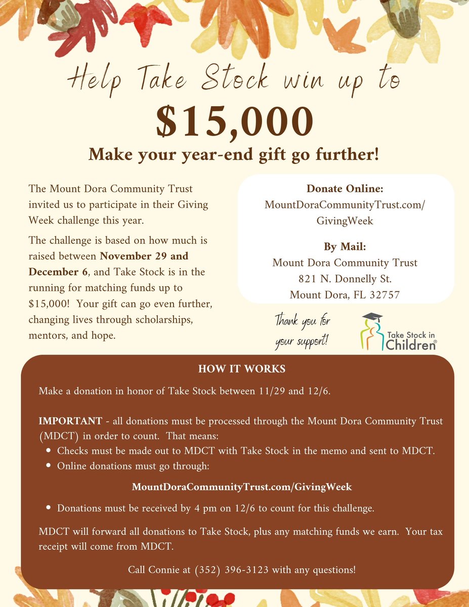 Thank you for your support of the Take Stock in Children Scholarship and Mentoring program of Lake and Sumer Counties.
mountdoracommunitytrust.com/givingweek/ #TSICLakeSumter #TSIC #MDCTgivingweek