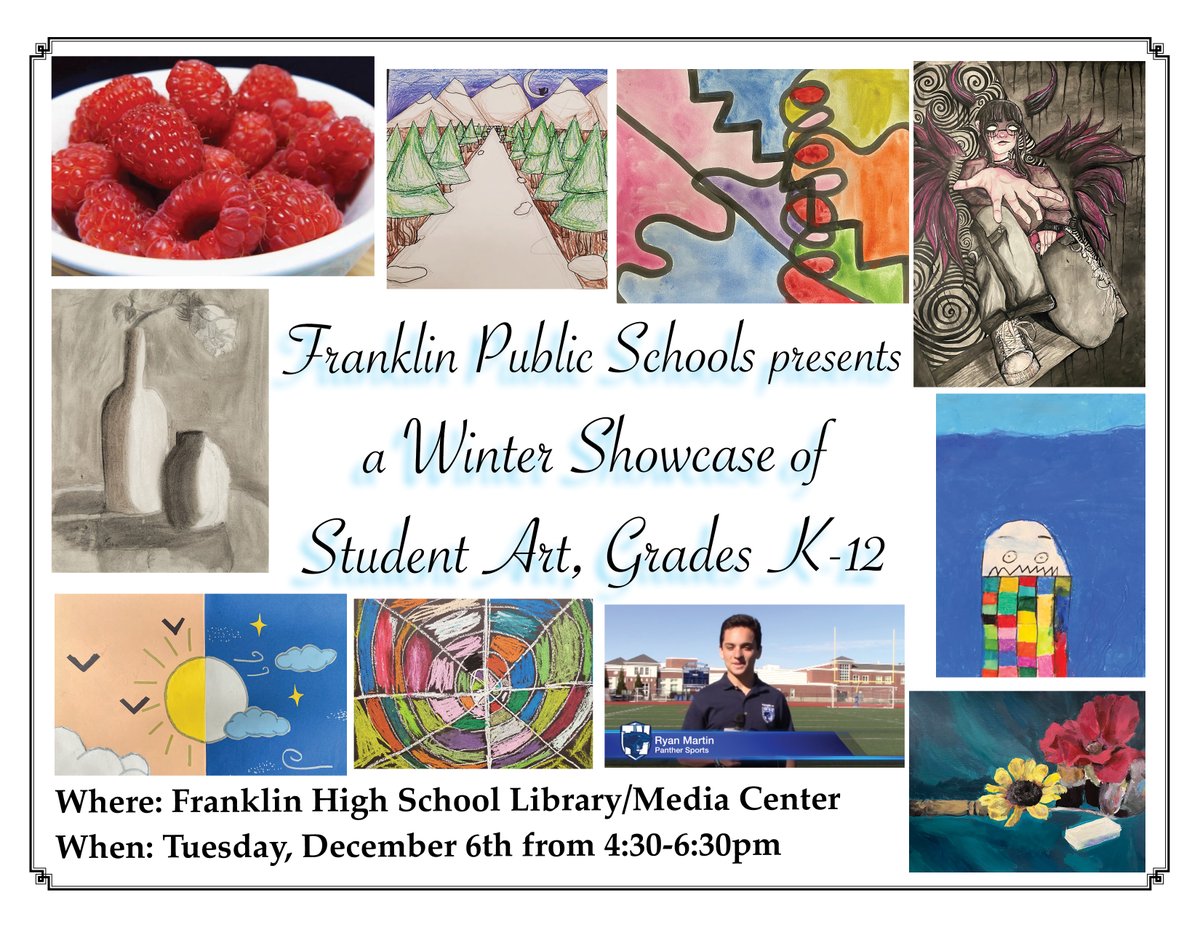 Franklin Public Schools, MA (@franklinpsnews) on Twitter photo T minus 4 days until our Winter Art Showcase! K-12 students from across the district will display their masterful creations. Swing on by the <a href="/FranklinHS/">FranklinHighSchool</a> media center Tuesday, 12/6/22 from 4:30pm - 6:30pm to join us in celebrating the artistic talent of our students🎨 T minus 4 days until our Winter Art Showcase! K-12 students from across the district will display their masterful creations. Swing on by the <a href="/FranklinHS/">FranklinHighSchool</a> media center Tuesday, 12/6/22 from 4:30pm - 6:30pm to join us in celebrating the artistic talent of our students🎨