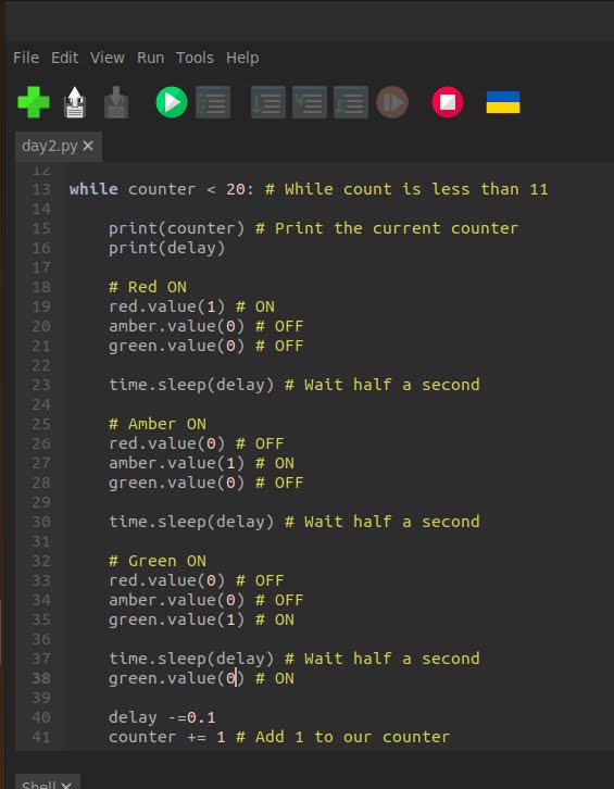 Jeffrey_Roe's tweet image. #Day2 of @ThePiHut #Codemas Advent calendar. Today it was flashing LEDs and loops. Detoured a little from the task to add a delay that gets shorter with each loop.