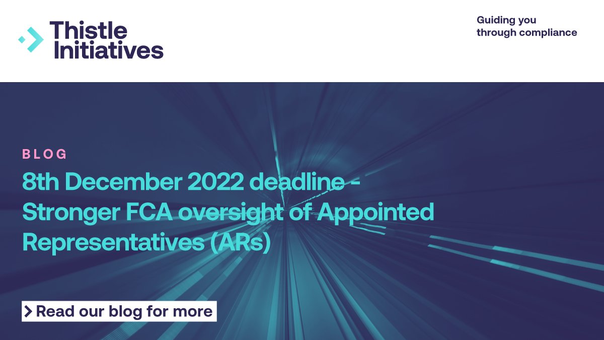 ThistleINIT's tweet photo. In Dec 21, the #FCA issued a consultation paper, CP 21/34 on improving the appointed representatives (AR) regime &amp; tackling consumer harm from this model. The implementation date for the final rules is 8th Dec 22.

Read: https://t.co/2G9jGRo9dr
E: info@thistleinitiatives.co.uk https://t.co/uej6hPS8VK