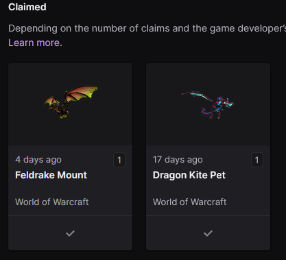 LorehornGaming's tweet photo. @BlizzardCS @dakhran @BlizzardCS I am having the same issue -- Feldrake was claimed 4 days ago and I still haven't seen it.  The Kite arrived on time as normal, but the Feldrake is still M.I.A. https://t.co/beWwaGBVLP