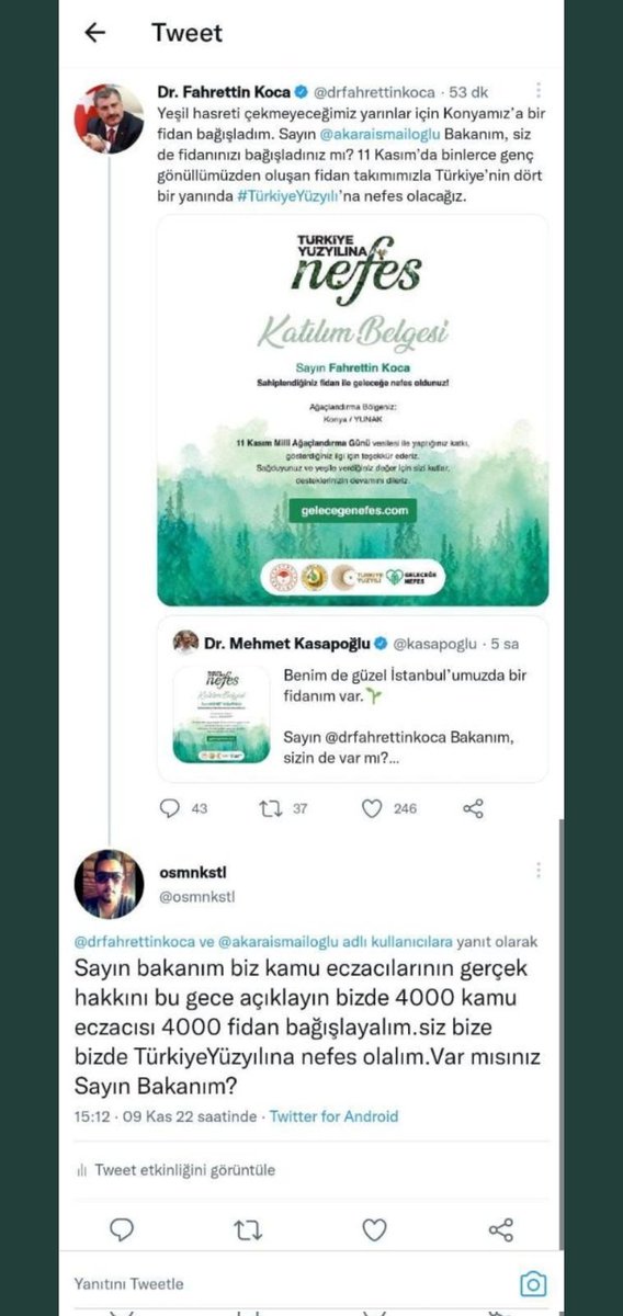 "TEMA Vakfı aracılığıyla Kırklareli Celaliye ve Kilis Gülbaba ağaçlandırma sahalarında her biri 4.200 fidandan oluşan Kamu Eczacıları adına 2 adet hatıra ormanı oluşturulacaktır."
Biz sözümüzü tuttuk Sayın Bakanım, sıra sizde :)
<a href="/drfahrettinkoca/">Dr. Fahrettin Koca</a>
KamuEczacıları HatıraOrmanı