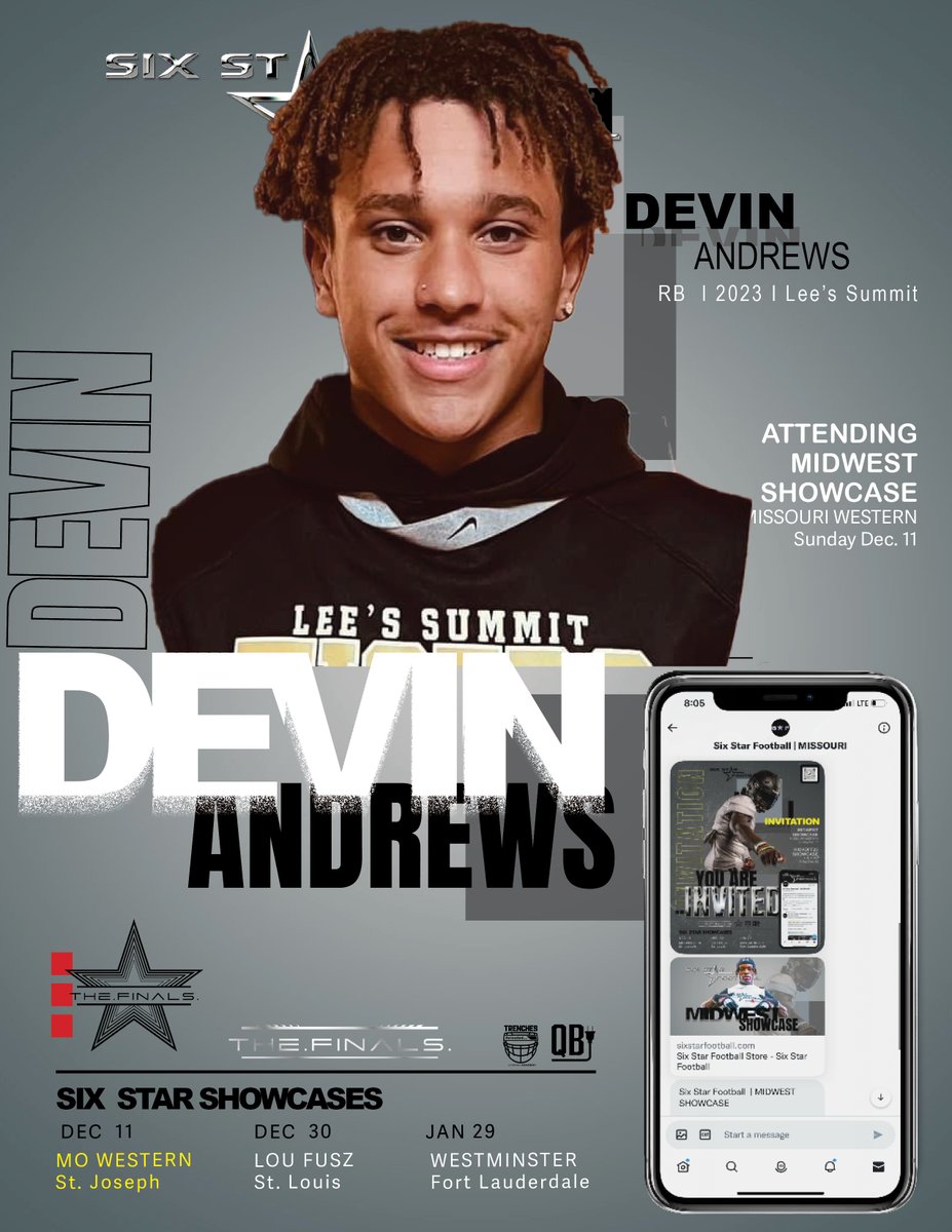 MIDWEST SHOWCASE  |  Devin Andrews

5’7, 175  |  RB  |  2023 |  Lee’s Summit   |  @devinjandrews23

▪️Excited to announce 2023 Devin Andrews will be attending the Midwest Showcase!

📆 Dec 11
📍 Missouri Western

sixstarfootball.com/six-star-footb…