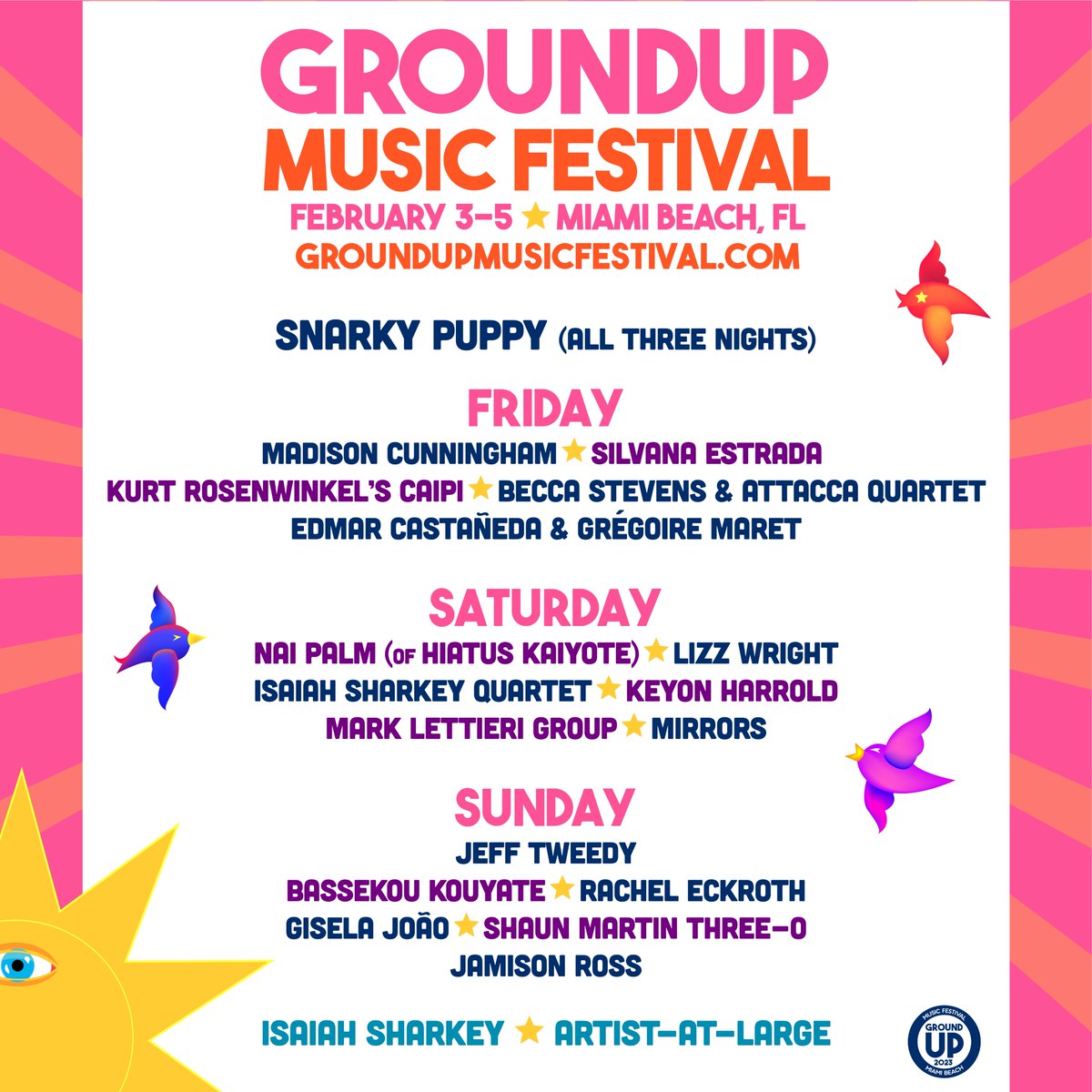 Snarky Puppy (@realsnarkypuppy) on Twitter photo Excited to share the full daily lineup for <a href="/GroundUPFest/">GroundUP Music Festival</a> 2023. π We will be playing all 3 days along with some of the most talented musicians around. Can't want to see you all in Miami Beach!
Grab your tickets now: groundupmusicfestival.com Excited to share the full daily lineup for <a href="/GroundUPFest/">GroundUP Music Festival</a> 2023. π We will be playing all 3 days along with some of the most talented musicians around. Can't want to see you all in Miami Beach!
Grab your tickets now: groundupmusicfestival.com