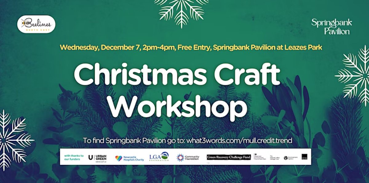 ParksNewcastle's tweet photo. Next week join Rachel from #Beelines at our Christmas Craft Session at #SpringbankPavilion! ππ
Book at: https://t.co/L6YsV7HCfM
The project has been kindly supported by @Newcastle_NHS @lga_foundation & @CFTyneWearNland
#SpringbankPavilion #LeazesPark #ANaturalSpaceToCreate https://t.co/TaNVjJvENK