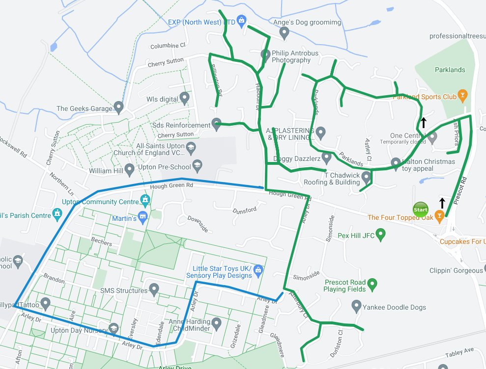 Float 5.45, 4 Topped Oak, Parklands, Hadden, Arley, Atterbury, back to Parklands (float to drive along Arley, into Hough Green Rd (clockwise)) to meet collectors, download Sleigh Tracker app to know where Santa is (or go to sleightracker.co.uk).Sorry we can't get to everyone!
