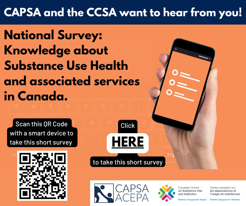 CAPSA in partnership with the Canadian Centre on Substance Use and Addiction (CCSA) are leading a study to learn about where people in Canada go to get information about using substances and/or services for maintaining their health. Closes Dec . 19 api.legerweb.com/SubstanceUseHe…