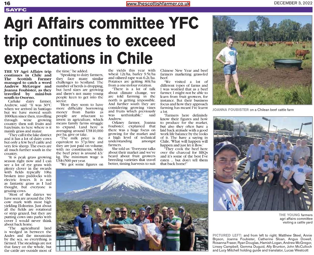 McCulloch_JR's tweet photo. Fantastic coverage of our recent @SAYFCAGAFFAIRS activities in todays @scottishfarmer! Very busy few weeks, with Agri conference in Dumfries and our two week study tour in Chile! ๐ด๓ ง๓ ข๓ ณ๓ ฃ๓ ด๓ ฟ๐จ๐ฑ @SAYFC #yfinaction https://t.co/4TzBhaz4Vv