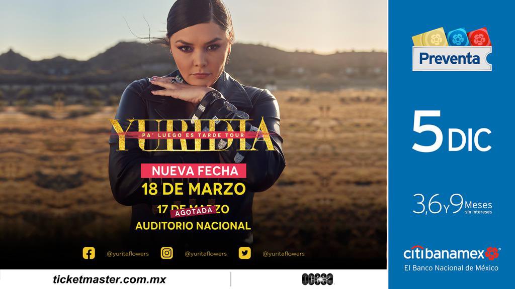 ¡¡¡#Yurifans, les tengo un sorpresón, gracias a que se pusieron las pilas y dejaron soldout la fecha del 17 de marzo, abrimos otra fecha mas en el @AuditorioMx con el #PaLuegoEsTardeTour, nos vemos 👀 el próximo 18 de marzo !!!