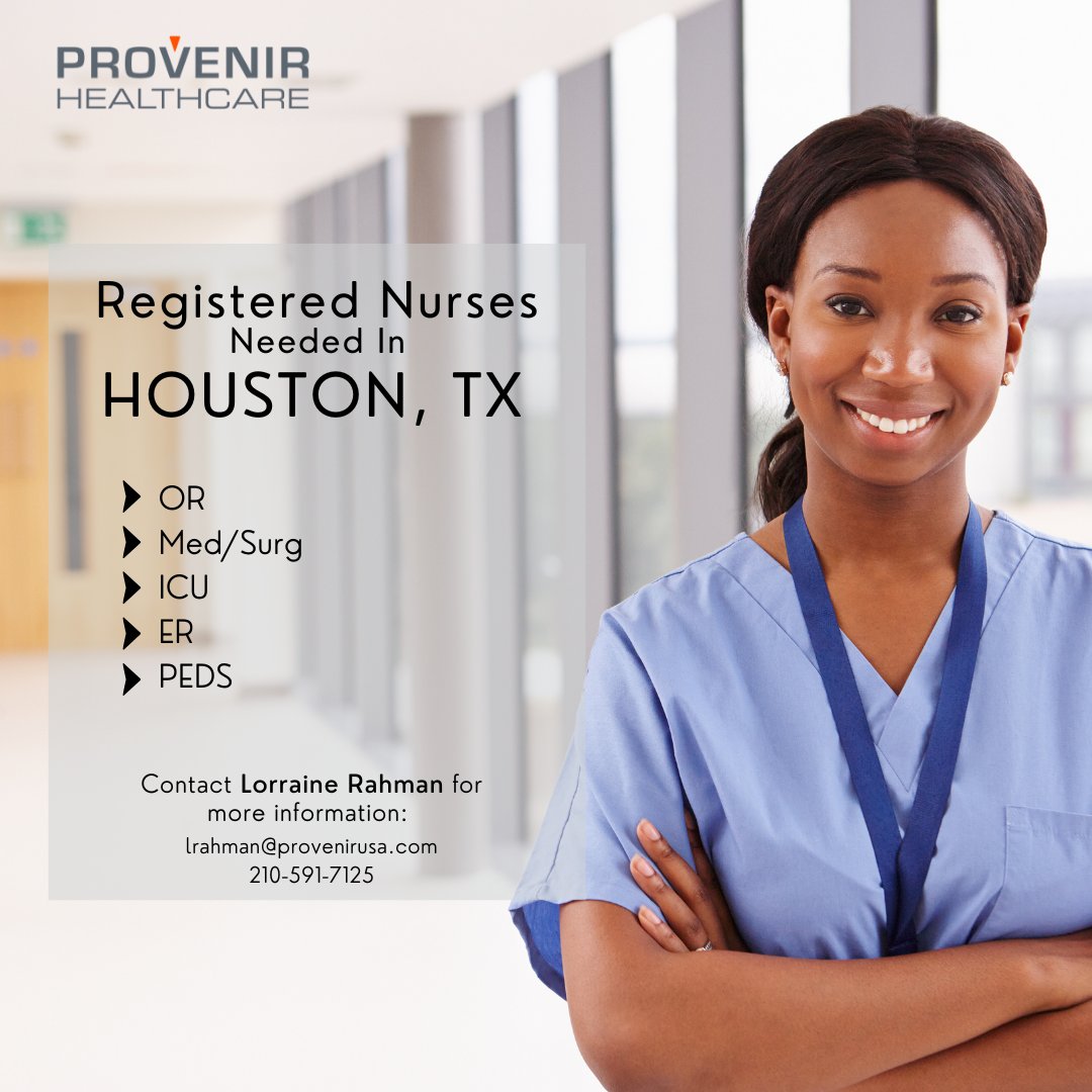 ProvenirUSA's tweet photo. RN's needed in Houston, TX!! Multiple specialties available. Contact Lorraine for more information on these hot opportunities at 210-591-7125. #RNHouston #HoustonTX https://t.co/IUsAgWBXtv
