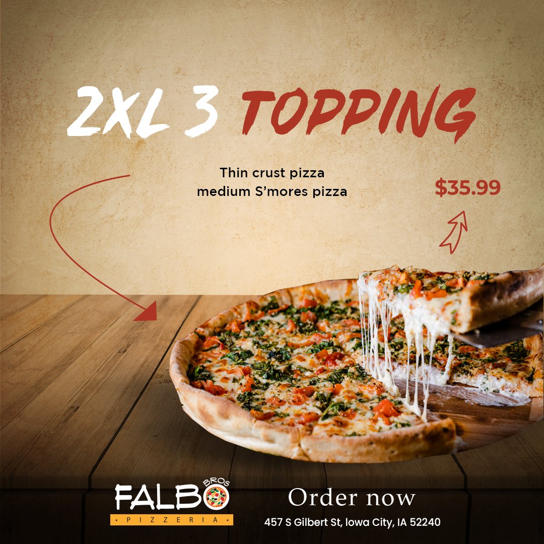realFalbosIC's tweet photo. Get 2 XL 3 topping thin crust pizzas at just $35.99 and one medium S'mores pizza every Friday! Order your Friday treat today!
https://t.co/gpB0camUkt

#FridaySpecial #Pizza #ThinCrust #2XL3Topping #OrderOnline #Iowacity #FalboBros #Restaurant #FridayOffer https://t.co/bCa69YBszb