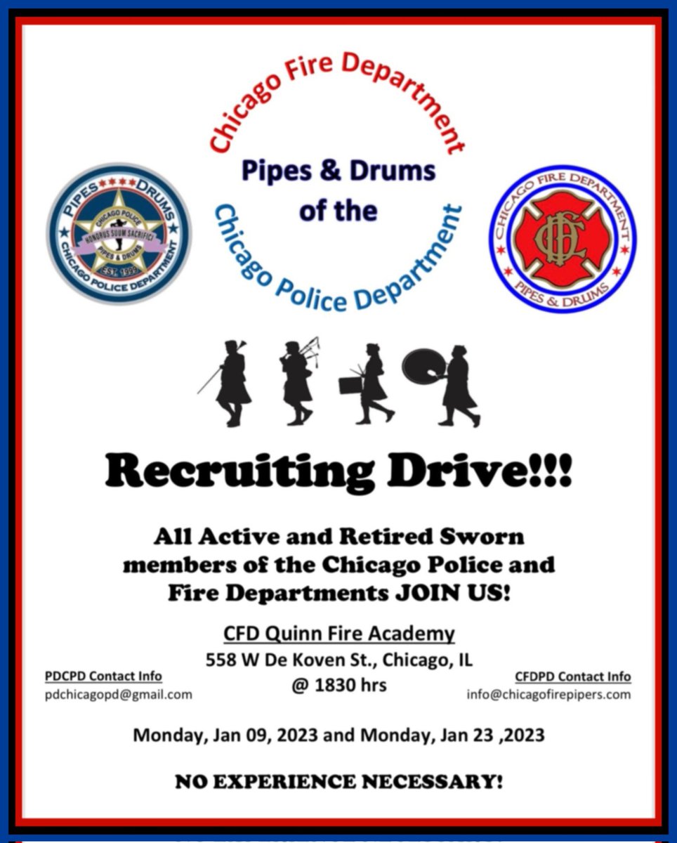 CFDPD's tweet image. The Chicago Fire Dept Pipes &amp;amp; Drums, along with the Pipes &amp;amp; Drums of the Chicago Police Dept will be hosting joint recruitment meetings for an upcoming class of prospective bagpipe and/or drum students. 

Come on out next month and see what we're all about.