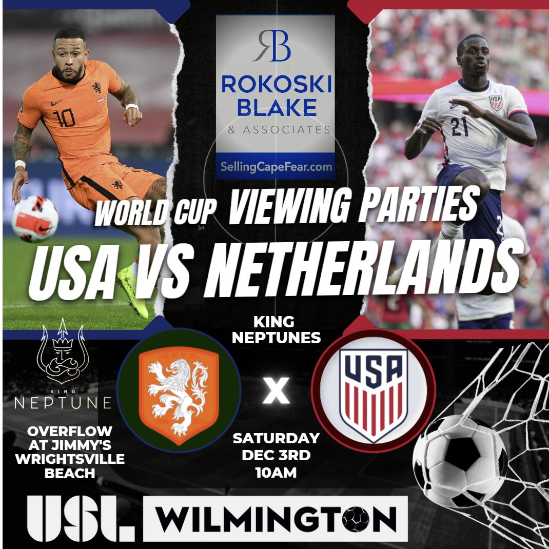 World Cup Viewing Party! 
USA vs Netherlands: 10 am on Saturday, December 3rd 
Located at King Neptunes and overflow at Jimmy's.
Party hosted by <a href="/USLtoWilmington/">USL2Wilmington</a> 
Rokoski, Blake and Associates. 

We are excited to have a pro team to work with the <a href="/WilmHammerheads/">Wilmington Hammerheads Youth FC</a> youth! 
#usl1
