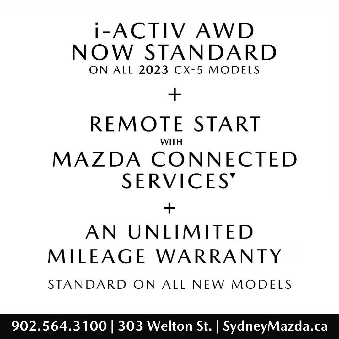 SydneyMazda's tweet photo. It’s the joy in every drive; built into every Mazda.

Engineered to adapt to all road conditions, i-Activ All-Wheel Drive is standard on all CX-5 models!

New inventory arriving daily!

🏬: 303 Welton Street
💻: https://t.co/VkHNjDN7rE
📞: 902-564-3100
#SydneyMazda https://t.co/uOkQeSvcfA