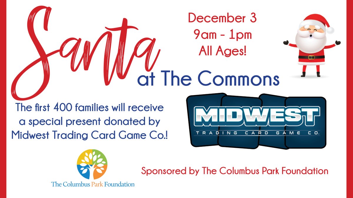 ColumbusINParks's tweet image. Santa at The Commons |  December 3 | 9am – 1pm.  
This event is free, and we ask that you bring your own camera to capture a photo. Santa will try his best to get through everyone, but the line will be cut off at 12:15pm to give Santa time to work through everyone in the queue.