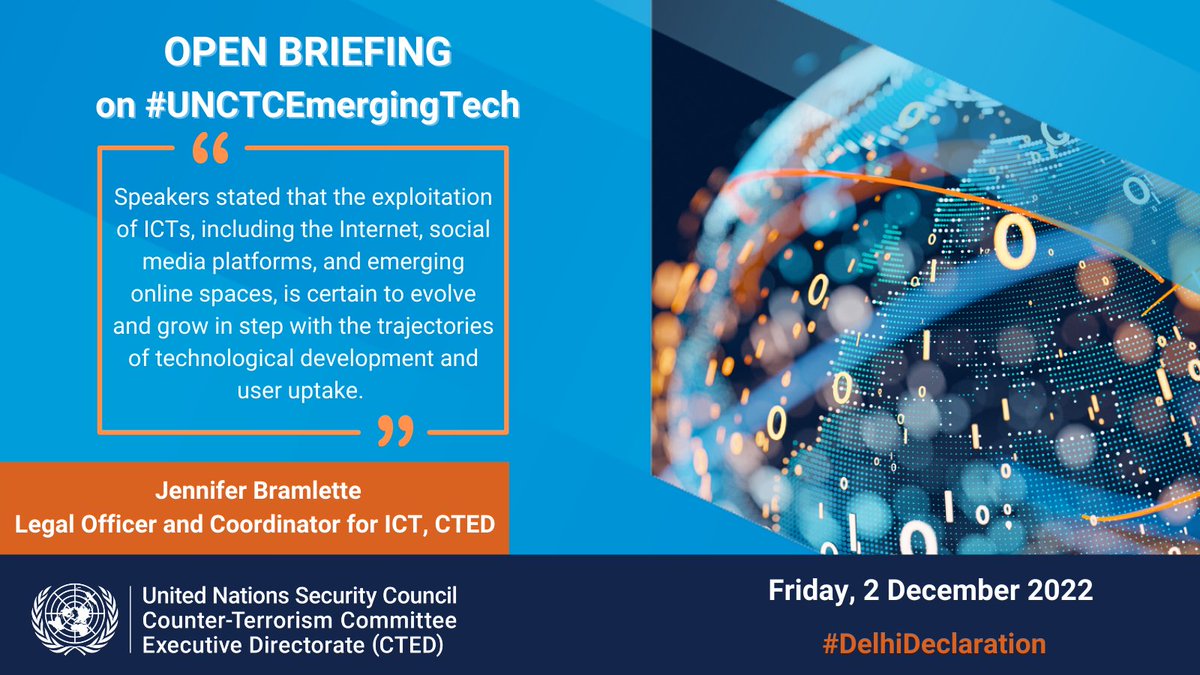UN_CTED's tweet photo. @UN_CTED's Jennifer Bramlette provides overview of #UNCTCEmergingTech:
➡️terrorist use of #ICT
➡️new payment technologies & fundraising methods #CFT
➡️unmanned aerial systems #uas
➡️overarching considerations for countering terrorist use of new/emerging tech https://t.co/AlqxehiXzC