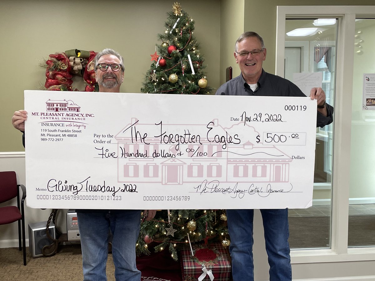 Forgotten Eagles is our next #MPAGivingTuesday highlight. Terry Kunst presented the check to Forgotten Eagles state president, Kevin Stevenson, for their continued work in helping Michigan’s Veterans. 
<a href="/frankenmuthins/">Frankenmuth Insurance</a> 
mtpleasantagency.com/GivingTuesday