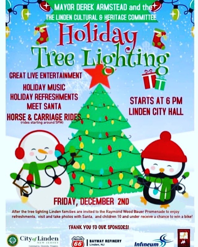 Tree lighting is today, Dec. 2nd-Horse &amp; Carriage rides start at 5 and the tree lighting is at 6, featuring traditional musical performances  &amp; a lot of holiday family fun. Santa &amp; his elves decked the street of Wood Ave with thousands of lights and holiday trimmings.