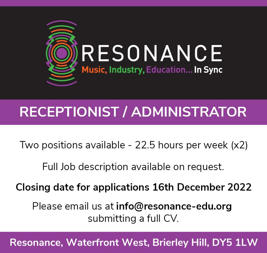 JOB VACANCY

We’re looking for a receptionist / administrator to join the Resonance team 🎵

Please submit your CV to info@resonance-edu.org to apply.