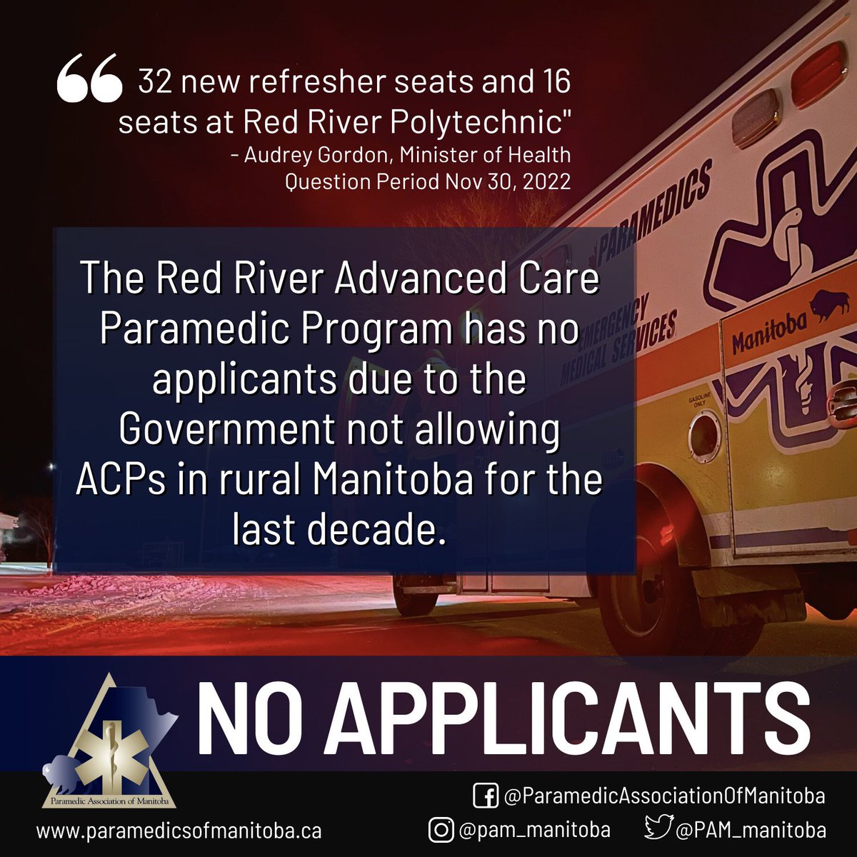 There are 100+ Advanced Care Paramedics practicing in Winnipeg. In rural Manitoba, there are NONE. Only empty promises made by the <a href="/MBGov/">Manitoba Government</a>. Paramedics are no longer willing to spend thousands of dollars to take the Advanced Care Paramedic training. Manitobans deserve better.