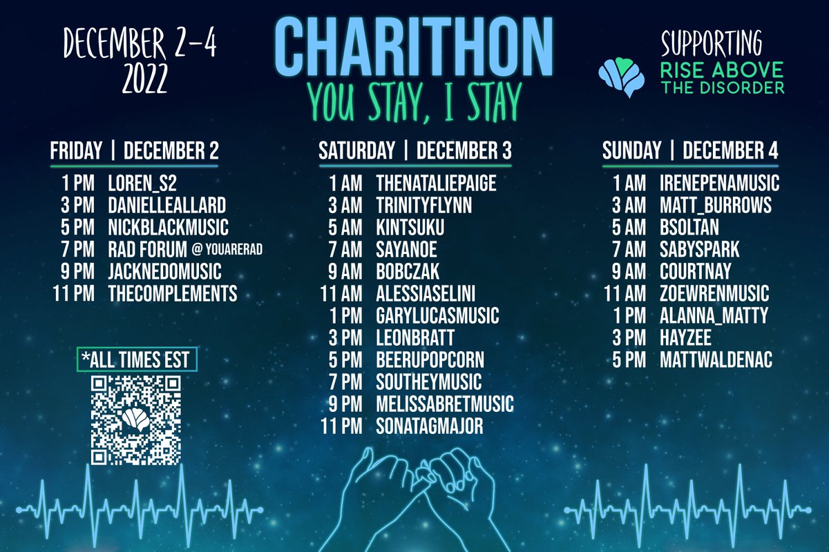 Charithon is starting soon! Come join the raid train to support RAD youarerad.org with so many incredible musicians and incredible people. visit twitch.tv/(artistname) at the times mentioned below to join us!  I'll be modding for NataliePaige and Melissa Bret!