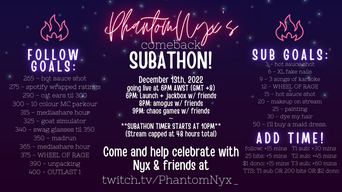 PhantomNyx_'s tweet photo. - BREAKING NEWS -
I am returning to Twitch! There's plenty to talk about, but I'll be doing so with a COMEBACK SUBATHON on December 13th!l
I'll be going live at 6pm AWST and gaming with friends for 4 hours, then the subathon timer starts after those 4 hours! https://t.co/j60UhNpj4t