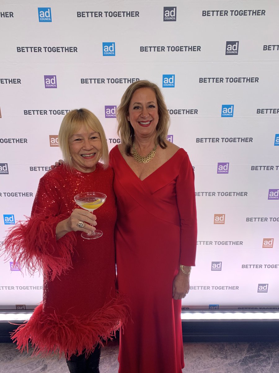 cindygallop's tweet photo. It's a little known fact that every year, as the @AdCouncil #ACDinner approaches, a psychic force connects me and @lisaesherman to ensure we dress in matching outfits 😂 This year, @nicolamen got the psychic memo as well 😍 (Both my dresses are by @16Arlington) https://t.co/icoURDflHJ