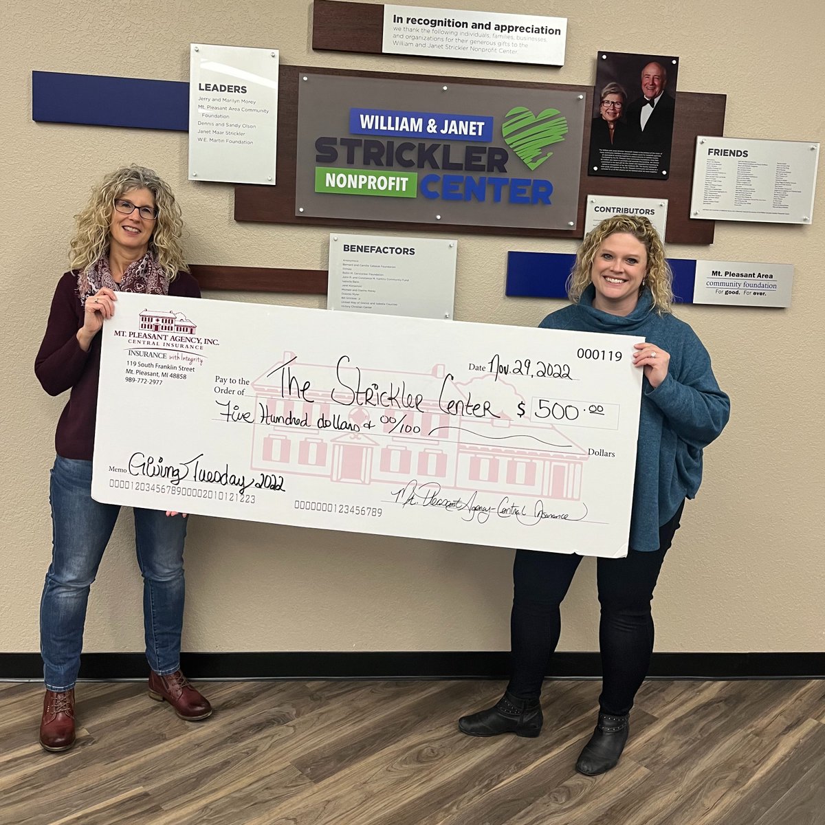 The Strickler Nonprofit Center is our 11th recipient of #MPAGivingTuesday. Kelly Hudson delivered the check on behalf of Kurt Feight to Jill Bourland. They plan to use the funding for signage.
<a href="/frankenmuthins/">Frankenmuth Insurance</a> 
mtpleasantagency.com/GivingTuesday