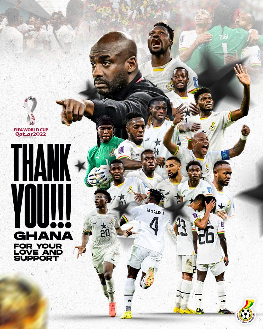 GhanaBlackstars's tweet photo. Our #FIFAWorldCup #Qatar2022 journey comes to an end. 

👏🏾 Thank You Ghana for the love &amp; support, we truly felt the love. We will be back 👊🏾

#BlackStars | #TeamGhana |#Qatar2022 https://t.co/sFITnrKIBn