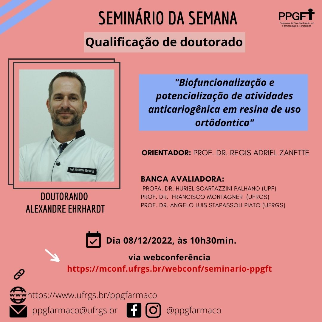 ppgfarmaco's tweet photo. Seminário extraordinário, com a qualificação do doutorando Alexandre Ehrhardt! Estão todos convidados! @PpgOdonto https://t.co/NRZ3g8Jvmd