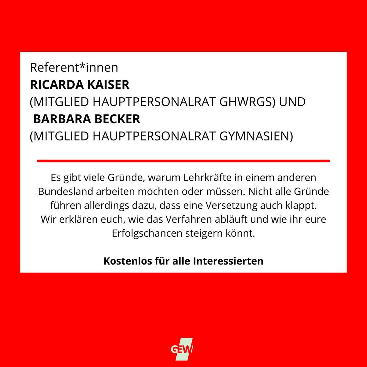 Nix wie weg? 🔜🏃‍♀️
💡So funktioniert der Ländertausch für Lehrkräfte

Montag, 12. Dezember, ONLINE, 19:00 Uhr bis 21:00 Uhr 
MIT <a href="/R_Kaiser_GEW/">Ricarda Kaiser</a> 
und <a href="/B_Becker_753/">B_Becker.BW</a> 

🙏🏻 Bitte anmelden bis 5. Dezember 2022 gew-bw.de/nix-wie-weg