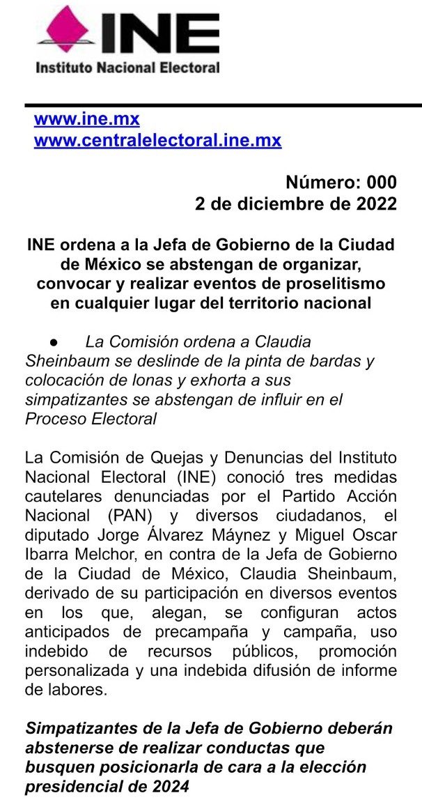 Adela_Micha's tweet photo. #ÚltimaHora 🔴

#INE ordena a #ClaudiaSheinbaum y a sus simpatizantes que se abstengan de organizar, convocar y realizar eventos con el fin de posicionarla rumbo a las elecciones del #2024. https://t.co/aPlapv0VR1