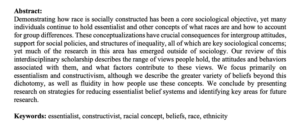 elenavanstee's tweet photo. Forthcoming in the Annual Review of Sociology: "Conceptualizations of Race: Essentialism and Constructivism." We discuss how people think about race: the range of views they hold, the attitudes and behaviors associated with them, and what factors contribute to these views. https://t.co/dy6iqDBZws