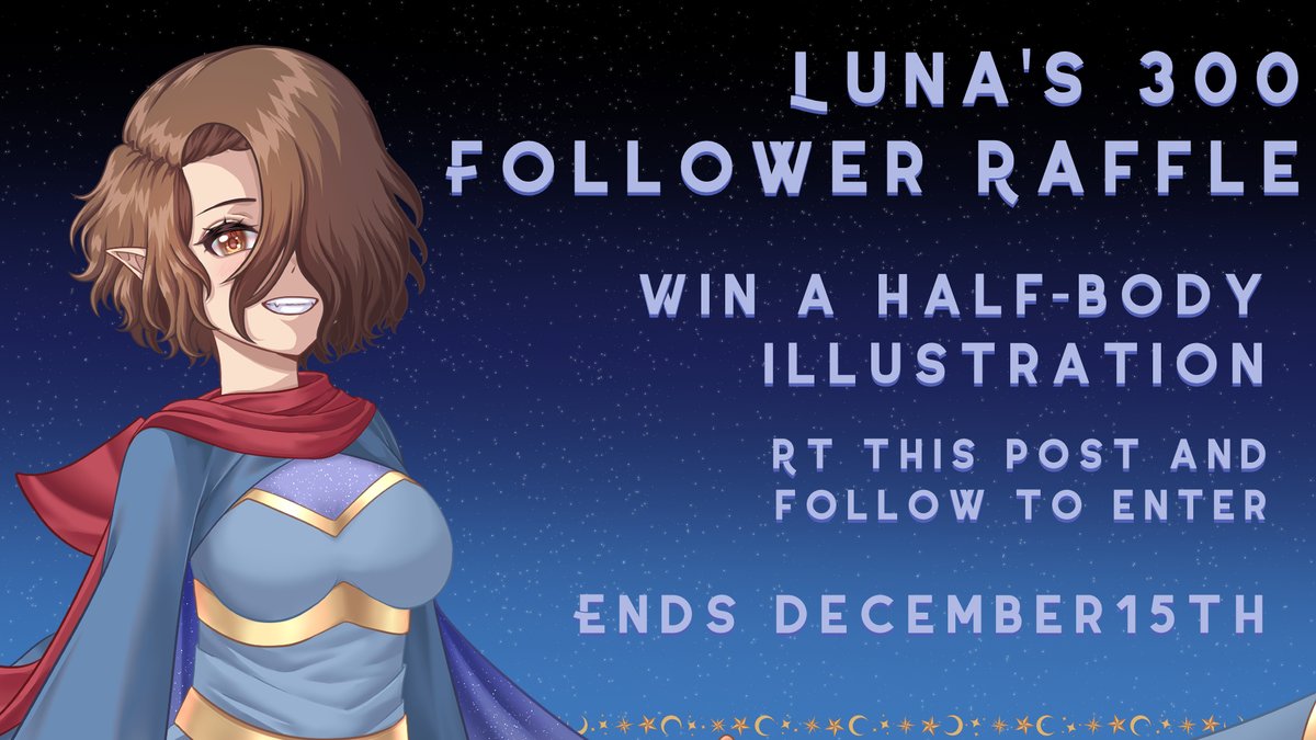 Loon_Moon_'s tweet photo. Thank you so much for 300 followers! I decided to host a raffle for y'all. Join for a chance to win a half body illustration from yours truly!

To enter:
-Retweet this post
-Follow me @Loon_Moon_ 

The raffle will end December 15th https://t.co/P06up9XzHQ