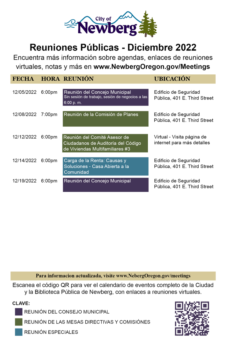 Here is your public meetings calendar for the month of December! 📅
Looking to get involved in local gov? See agendas and meeting details: newbergoregon.gov/meetings
Due to a lack of workshop items, Council will not hold a Work Session for 12/05. Business session will start @ 6pm.
