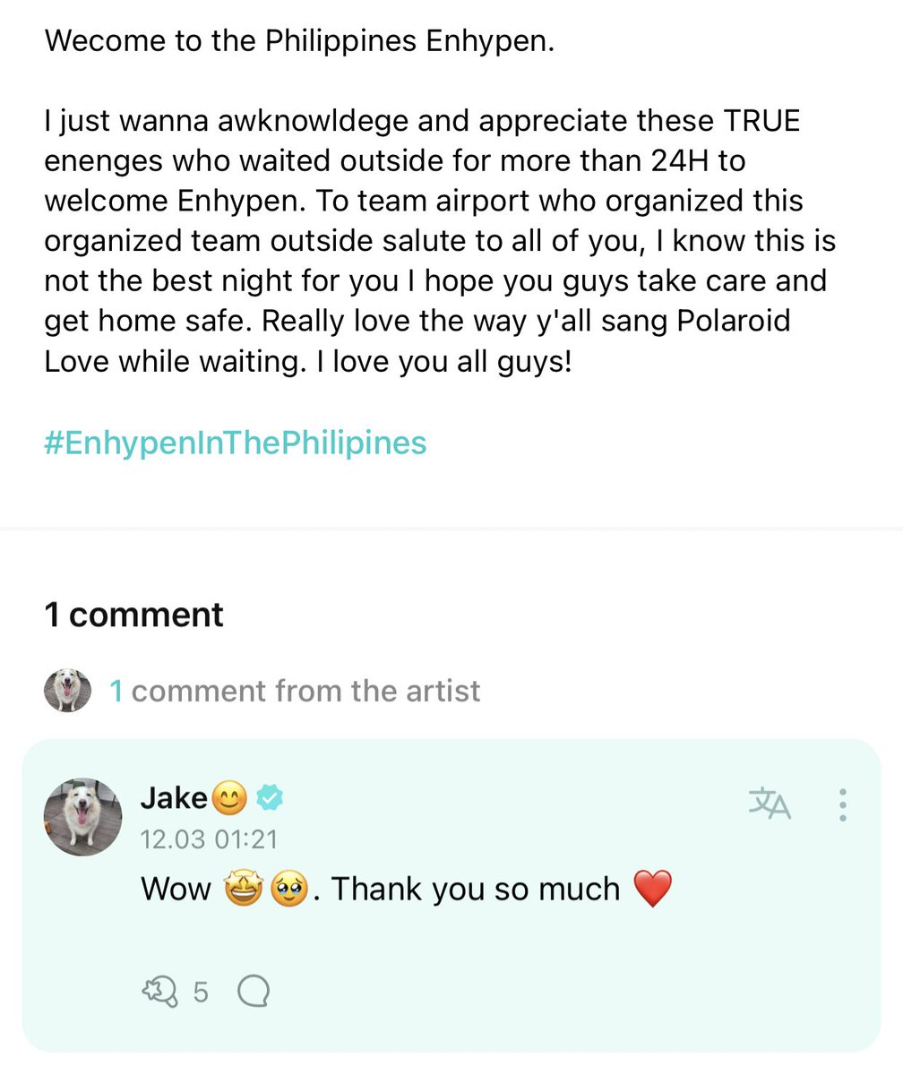 [ #제이크’s Reply ] 221203

#JAKE: Wow 🤩🥹. Thank you so much ❤️

<a href="/ENHYPEN_members/">ENHYPEN</a> <a href="/ENHYPEN/">ENHYPEN OFFICIAL</a> #ENHYPEN #엔하이픈