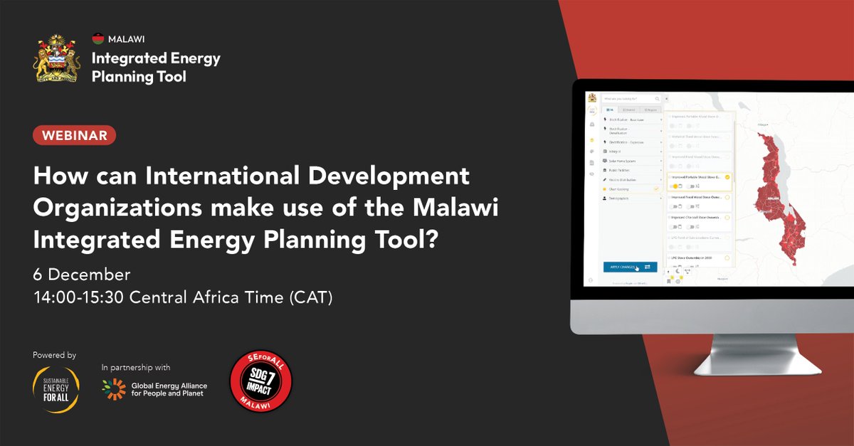 Register to attend our webinar next week on how using the #Malawi Integrated #EnergyPlanning Tool can support informed decision-making towards achieving #SDG7. @SEforALLorg @EnergyAlliance bit.ly/3VNSfOa