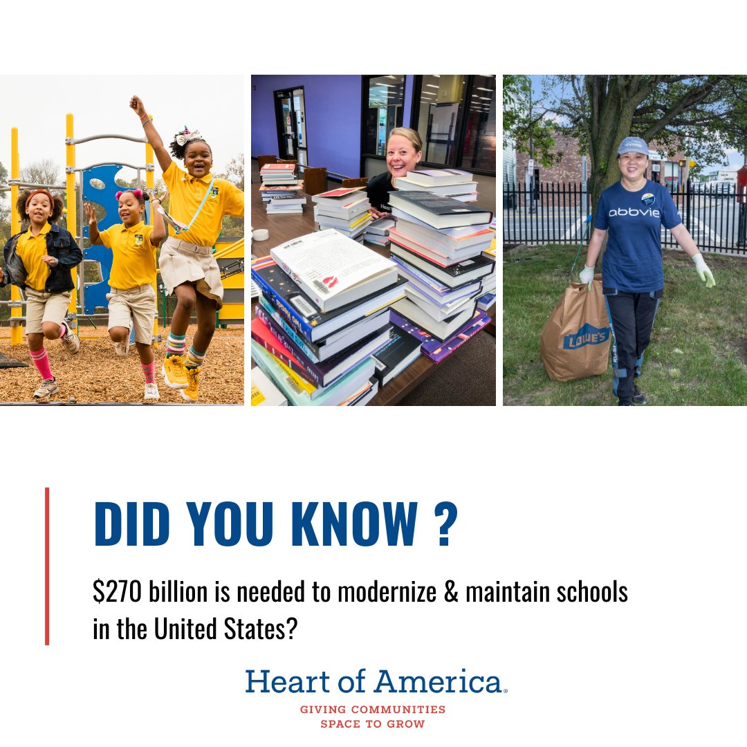 Did you know that $270 billion is needed to modernize and maintain schools in the United States? You can help us close that gap by donating to support Heart of America today and throughout the year at heartofamerica.org/donate
#TransformingSpaces #SpacesToGrow #HeartOfAmerica