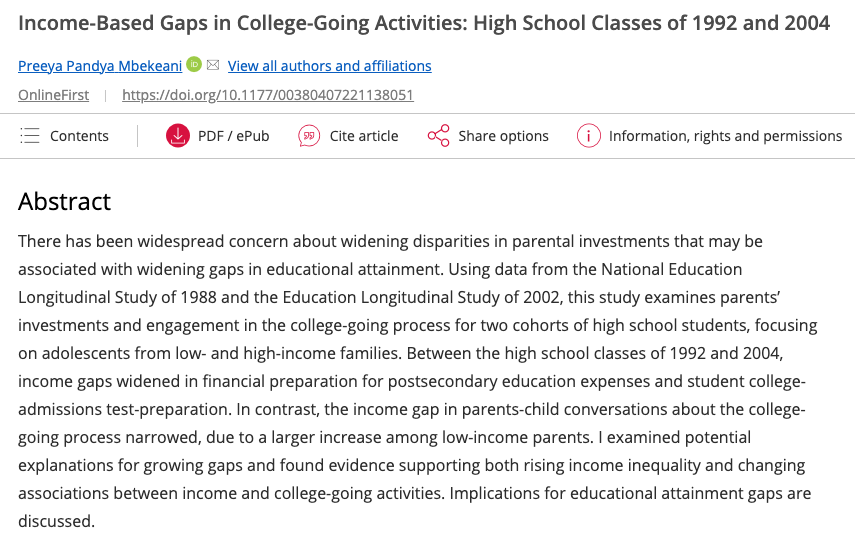 Thrilled to share this new article in @SocEducation. In it I address 3 Qs: How have parents’ and adolescents’ engagement in college-going activities changed over time? Do patterns vary by family income? What might explain these trends? 1/n