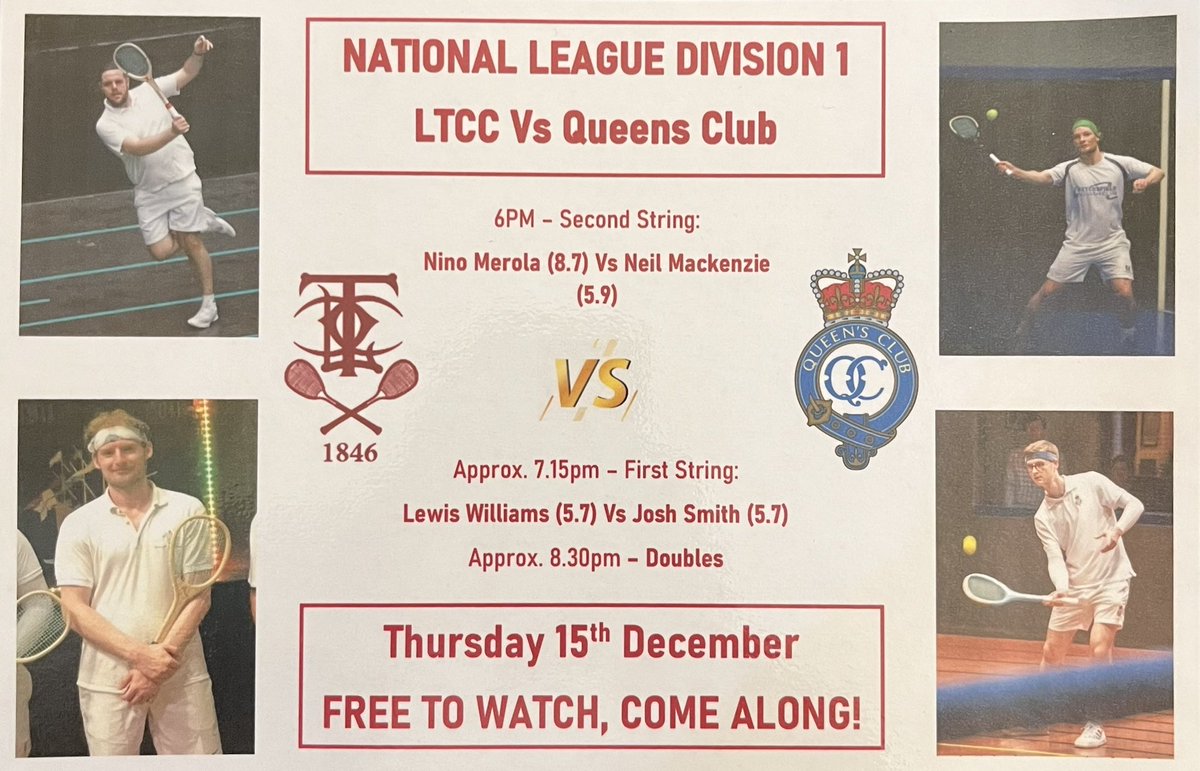 On Thursday 15th December we welcome Neil Mackenzie &amp; Josh Smith from Queens Club to take on Lewis &amp; Nino in the Division 1 National League.

All four players are very close in handicap so we are in for an evening of top tennis! 🎾