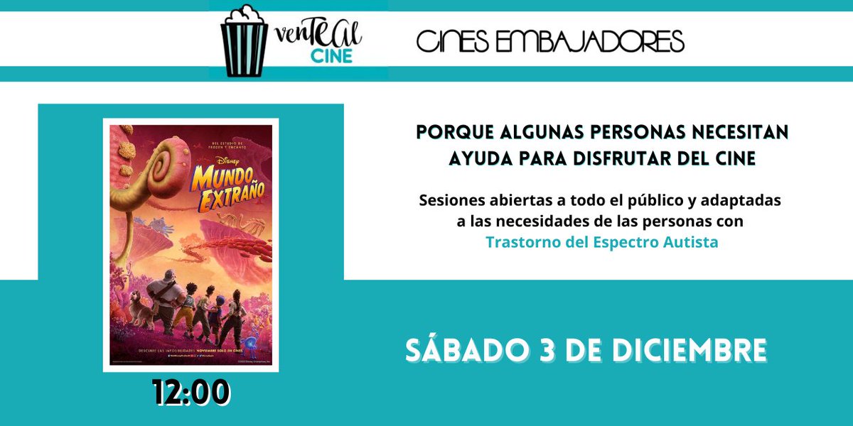CineEmbajadores's tweet image. Mañana SESIÓN SUPER ESPECIAL de #MundoExtraño
Hay personas que necesitan ayuda para ir al cine. Se trata de una sesión abierta a todo el público pero adaptada a las personas con TEA.
El cine, ocio para todos y todas 💙