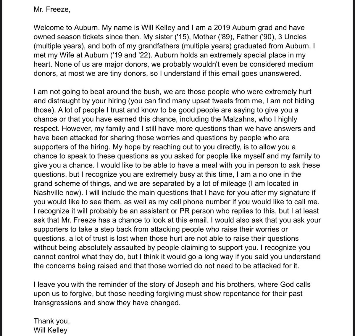 aubietiger1928's tweet photo. I’ve gone back and forth on posting about this, but I’m going to share it. People have asked for Auburn fans to give @CoachHughFreeze a chance, so I’ve done it in the way I see fit by sending him an email. I doubt I get a response, but hope I do for my own peace. https://t.co/jo5FadMDhM