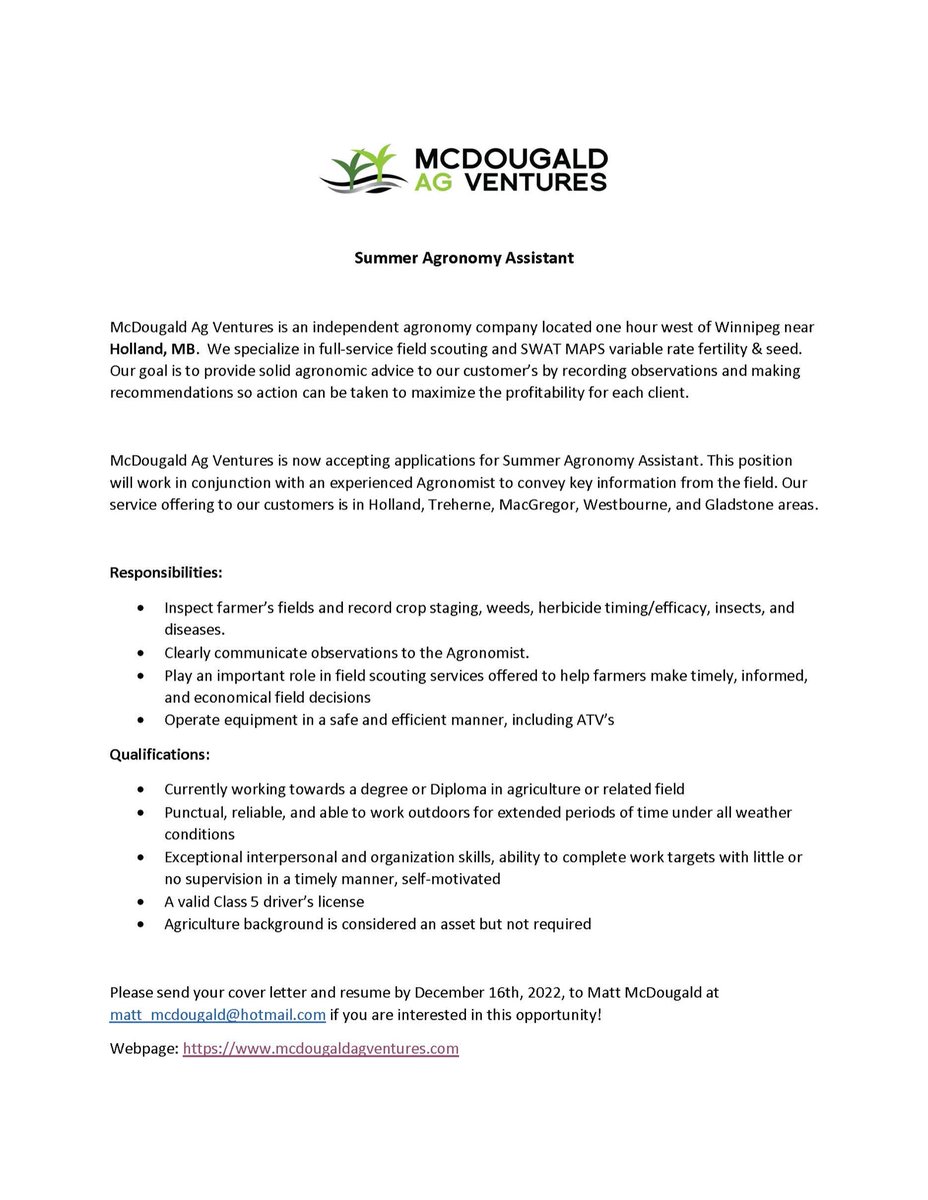 MAV crop consulting acres are expanding and we are looking for a summer agronomy assistant. If you are interested or know someone contact me at the info below.