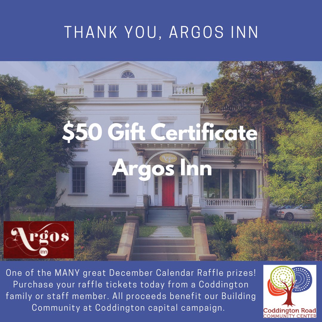 Winner Announcement! The first randomly selected winner of our December Calendar Raffle is Dave Harker! December 1st prize was a $50 gift certificate to Argos Inn. We thank @argosinn for their support of the Coddington Road Community Center.